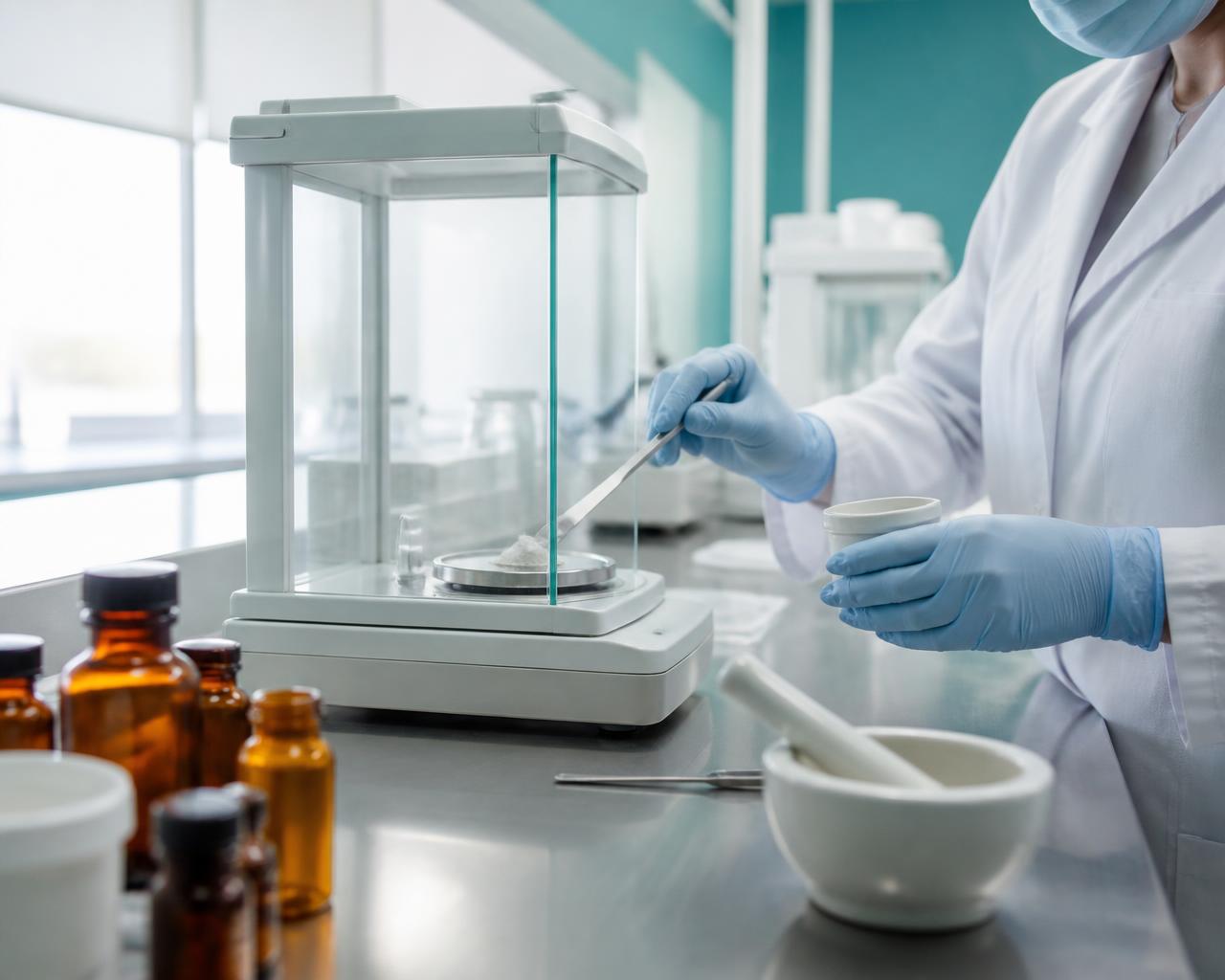 Compounding pharmacy technician weighing a patient-specific formulation on a precision balance scale